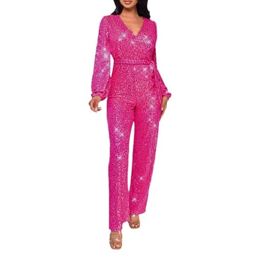 Image of Jumpsuit Women's Trouser Suit Jumpsuit Set Casual Jumpsuit with Long Sleeves and Belt and Sequins, Hot Pink, S