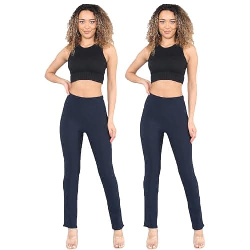 Image of Cotton Works Pack of 2 Womens Bootleg Trousers Ladies Stretch Ribbed Bootcut Elasticated Waist Pants Work Wear Pull On Bottoms Colour Balck, Grey, Navy Blue Plus Big Sizes 8-26 (Navy, 24/29)