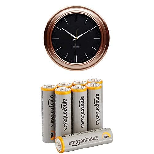 Image of KitchenCraft Round Copper-Effect Kitchen Wall Clock, 25.5 cm (10”) with Amazon Basics Batteries