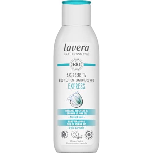 Image of lavera Basis Sensitive Body Lotion Express - Natural Cosmetics - Vegan - Organic Aloe Vera & Organic Jojoba Oil - 24 Hour Fast Absorbing Moisturiser - Body Lotion - Biodegradable - 250 ml