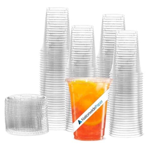 Image of Nationwide Paper 16oz Crystal Clear Smoothie Cups with Flat lids, Perfect for Iced Coffee, Milkshake, Slurpee, Ice Cream, Razzle, Slush, Smoothy, Party's Pack of 50