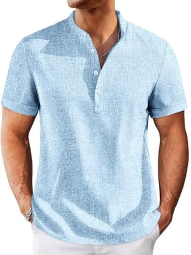 Image of Runcati Mens Henley Shirts Short Sleeve Casual Linen Band Collar T-Shirt Summer Beach Vacation Tops Sky Blue