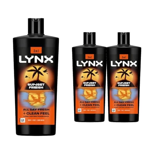 Image of Lynx Sunset Fresh XXL 3 in 1 Shower Gel for Men 700ml Pack of 3 Hair Face & Body Wash Mango & Mandarin Scent 12H Sweat & Odour Protection Lynx Shower Gel Multipack