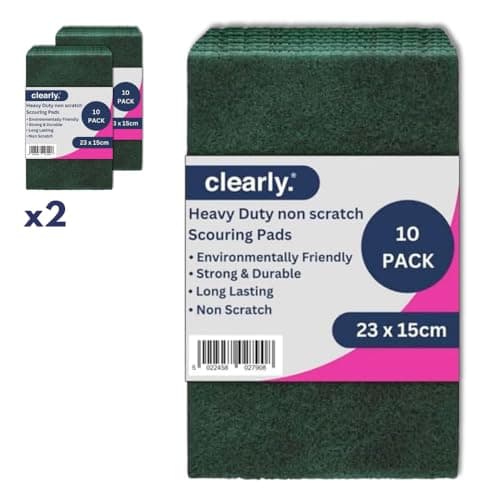 Image of Clearly Scouring Pads, Pack 20 Cleaning Pads, Heavy Duty Kitchen Scourers, Non Scratch, Long Lasting Green Scouring Pads, Hygienic Dish Scrubber, Environmentally Friendly