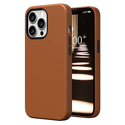 Image of SURPHY Faux Leather Case Compatible with iPhone 13 Pro Case 6.1 inch, Premium PU Leather Case Cover (with Metallic Buttons & Microfiber Lining) for iPhone 13 Pro, Brown
