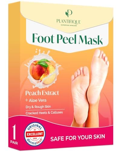 Image of Plantifique Foot Peel Mask – 1 Pair Exfoliating & Dermatologically Tested Foot Treatment, Removes Dead Skin & Repairs Heels for Soft Feet – Peach Scent, Gift for Women & Men