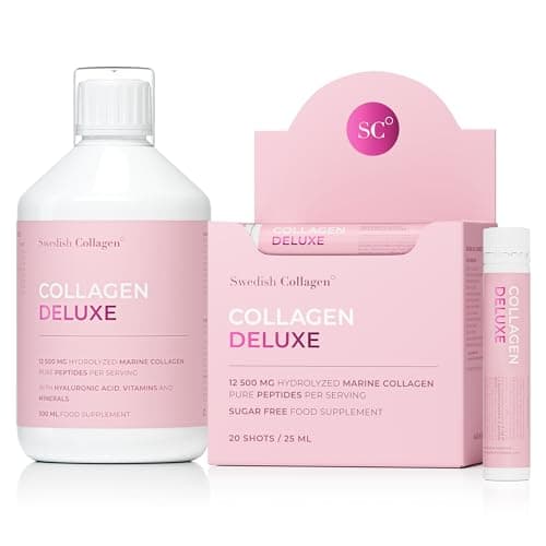 Image of Swedish Collagen Deluxe - 12,500mg Hydrolysed Marine Collagen Liquid (500ml) & Shots (20 x 25ml) Supplements, 40 Day Supply | Pure Peptides, Hyaluronic Acid & Vitamin C for Healthy Hair, Skin & Nails