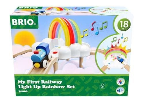 Image of BRIO My First Railway Interactive Light Up Rainbow Train Set - Toddler Toys for Kids 18 Months Up - Wooden Railway Accessories