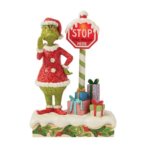 Image of Enesco Dr. Seuss Grinch by Jim Shore Leave Presents Here Stop Sign Lit Figurine, 9.37 Inch, Multicolor