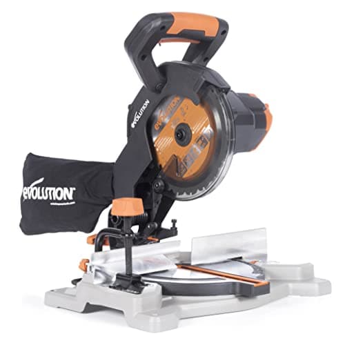 Image of Evolution Power Tools R185CMS-Li Cordless Compound Mitre Saw with Multi-Material Cutting, 45° Bevel, 45° Mitre, 850W - Includes 185MM TCT Blade, Battery NOT Included, Black/Orange (088-0001)