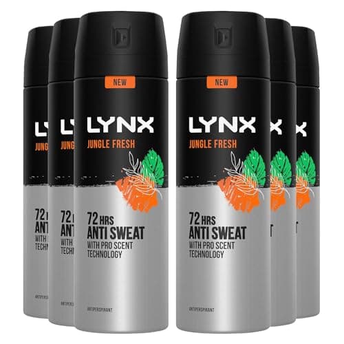 Image of Lynx XL Jungle Fresh Antiperspirant Deodorant Spray for Men 200ml Pack of 6 72H Sweat & Odour Protection PALM LEAVES & AMBER FRAGRANCE Lynx Antiperspirant Spray