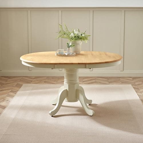 Image of Furniturebox UK 4 to 6 Seat Solid Wood Round Extending Table - Padstow Cream & Oak Effect Pedestal Extendable Dining Table - Traditional Classic Farmhouse Dining Furniture - Solid Rubberwood