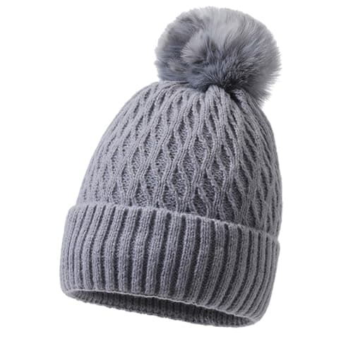 Image of MUNSKT Grey Winter Hat, Unisex Winter Beanie Hat,Warm Thick Velvet Knitted Hat with Wool Lining, Outdoor Skiing Bobo Hat with Warm Layer Wool Hat