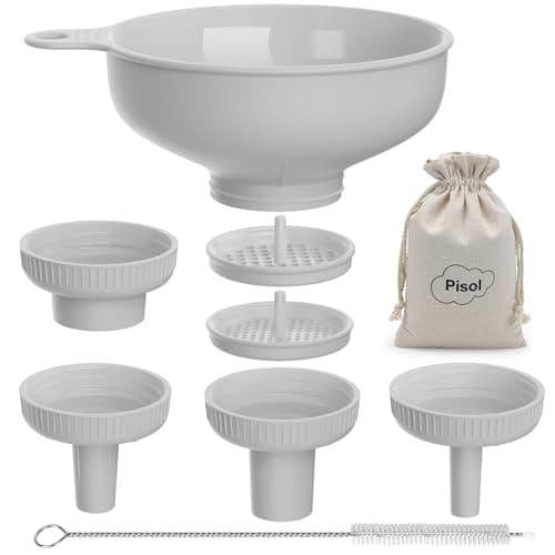 Image of Pisol Wide Mouth Versatile Funnel, Canning Funnels for Kitchen Use, Food Grade Plastic Cooking Funnel Set with 4 Size Spouts and 2 Strainers for Filling Different Bottles and Bags, Grey