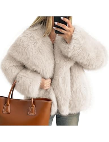 Image of Kissonic Women Faux Fur Coat Long Sleeve Lapel Open Front Shaggy Furry Jacket Warm Fluffy Short Outwear, Beige, XL
