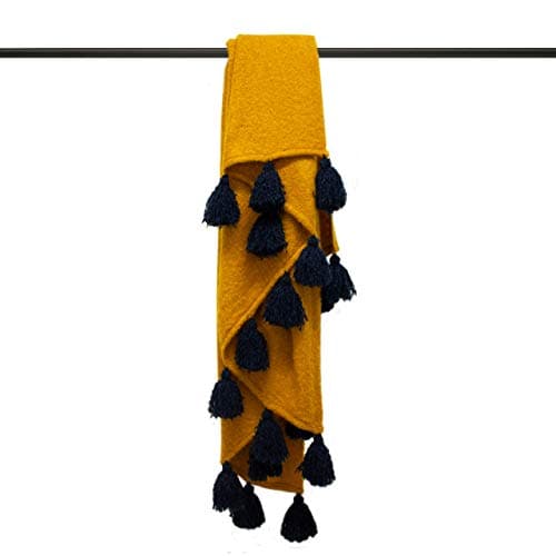 Image of Furn Romily Coloured Pom Throw-Acrylic-Gold/Navy-130cm x 180cm, Acrylic, Gold/Navy, 130cm x 180cm (51" x 71" inches)