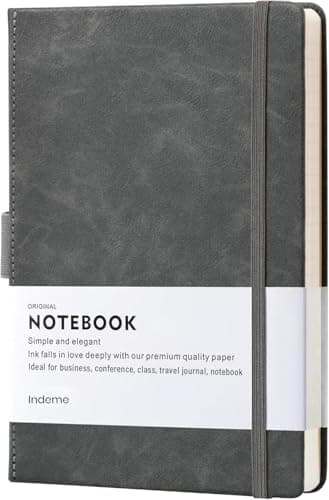 Image of Indeme A5 Notebook - Lined Journal Notebook with Faux Leather Cover, 192 Lined Pages 120 GSM, Grey, Featuring Pen Holder, Bookmark, Back Pocket and Banded