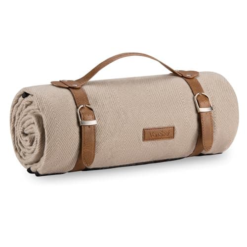 Image of VonShef Picnic Blanket, Beige Herringbone Outdoor Rug with Waterproof Backing, 6 Person Weatherproof Picnic Mat with Faux Leather Handle, Water Resistant Camping Accessories, 147x180cm