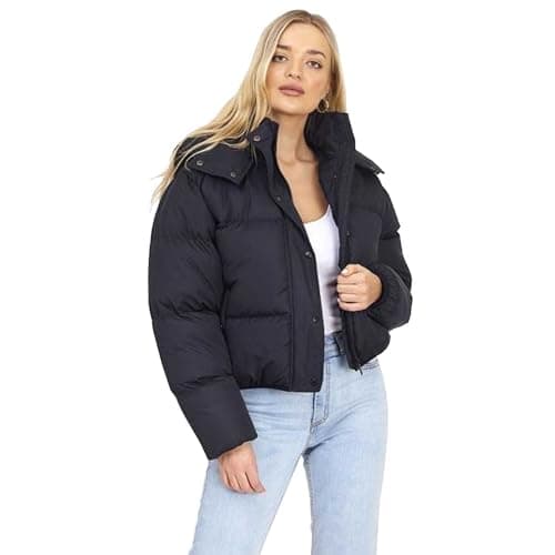 Image of Inspire Me Bunny Ladies Jacket Short Length Puffer Jacket with Large Collar Parka Snow Women Warm Winter Jacket Lightweight Coat (Black, 12)