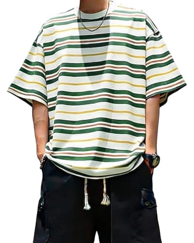 Image of AIYINO Oversized Summer Mens Striped T Shirt Short Sleeve Casual Striped T-Shirt Men UK Holiday Streetwear Tee Dark Green Stripe M