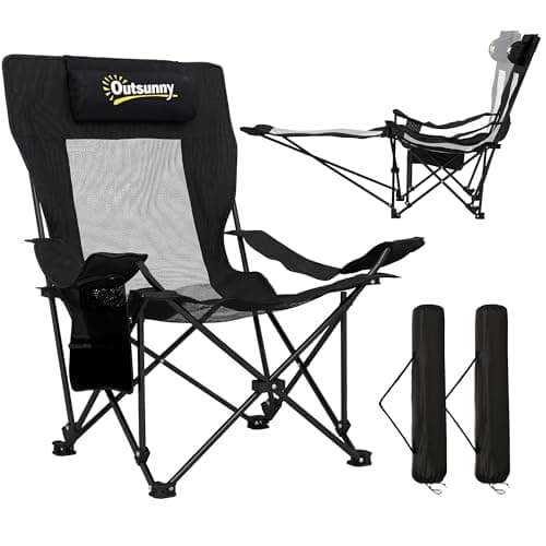Image of Outsunny Set of 2 Reclining Folding Camping Chair, Portable Camp Chair with Adjustable Backrest, Footrest, Storage Pocket, Cup Holder and Headrest, for Camping, Beach, Picnic, Black
