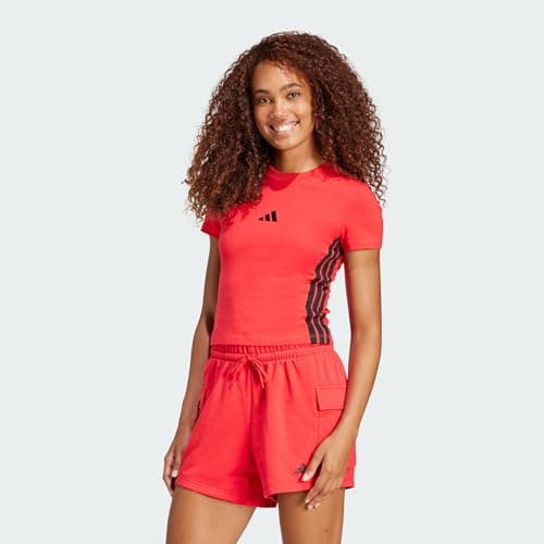 Image of adidas Women's Essentials 3 Stripes Slim Baby T-Shirt, Pure Ruby/Black, XL