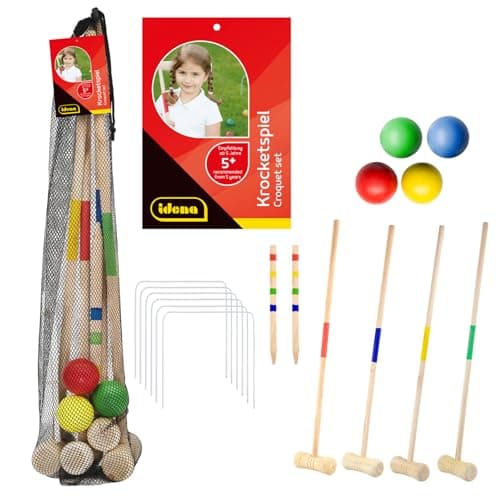 Image of Idena 40609 40609 Wooden Croquet Game with Bats, Balls, Metal Gates and Target Marking Sticks in Practical Carry Net Entertaining Leisure Game for Garden and Park Wood Colour