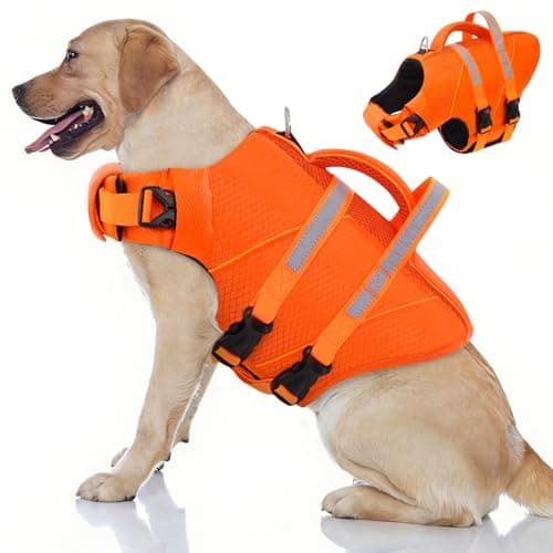 Image of Queenmore Dog Life Vest For Swimming Ripstop Lightweight Dog Float Jacket Adjustable Pet Swimming Vest With Rescue Handle For large breeds,Pitbull,Bulldog (Orange, 2XL)
