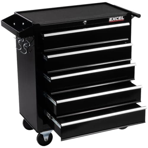 Image of Excel Steel 5-Drawer Tool Storage Cabinet Lockable with Wheels Handle Garage Equipment Trolley Home Work DIY Workshop Chest Black- Roller Cabinet, Tool Chest