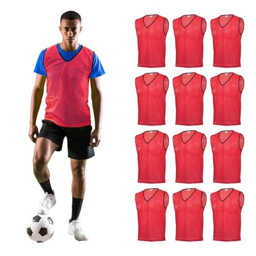 Image of GSi Training Pinnies for Soccer, Basketball, Football (Pack of 12) Mesh Scrimmage Vests for Youth & Adults - Breathable Practice Jerseys (Red)