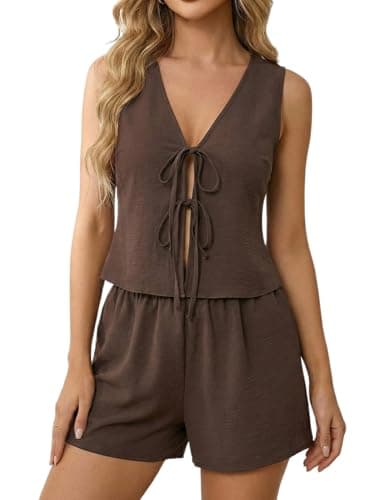 Image of GORGLITTER Co Ord Sets for Women Shorts Tracksuit Womens Full Set V Neck Tie Front Vest Tops and Mini Shorts Set 2 Piece Outfits Brown Medium