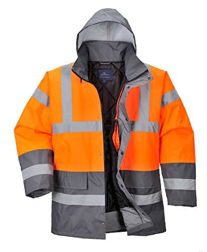 Image of Portwest S467 Men's Hi Vis Contrast Winter Traffic Jacket EN342 CE Certified Waterproof Quilt Lined Storm Flap Reflective Tape Hood Safety Coat, Orange/Grey, Medium