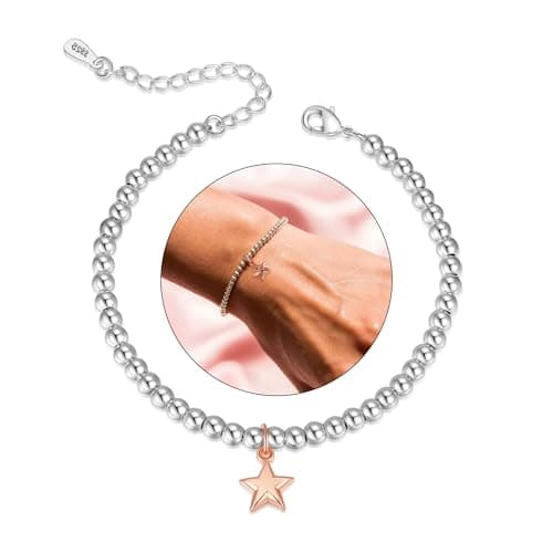 Image of XOEMEL Sterling Silver Bracelet for Women 5MM Round Silver Bead Bracelet Adjustable Star Charm Bracelet for Women Teenage Silver Ladies Bracelet