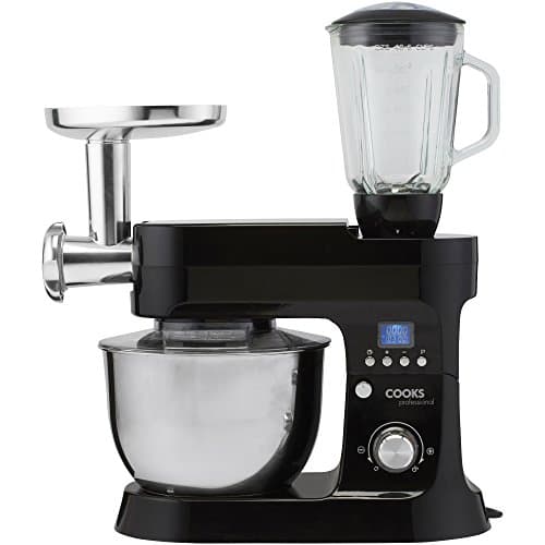 Image of Cooks Professional Stand Mixer & Mincer 1200W | Electric Food Mixer with Pulse Setting | 6.2 Litre Stainless Steel Bowl | Blending Jug, Dough Hook, Whisk, Beater & Splash Guard | Black