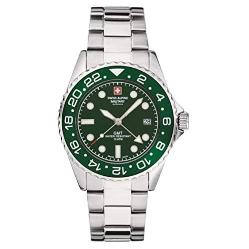 Image of Swiss Alpine Military Men's Watch GMT Analogue Quartz 7052 Stainless Steel, Steel/Green/Green - 1134sam, Bracelet