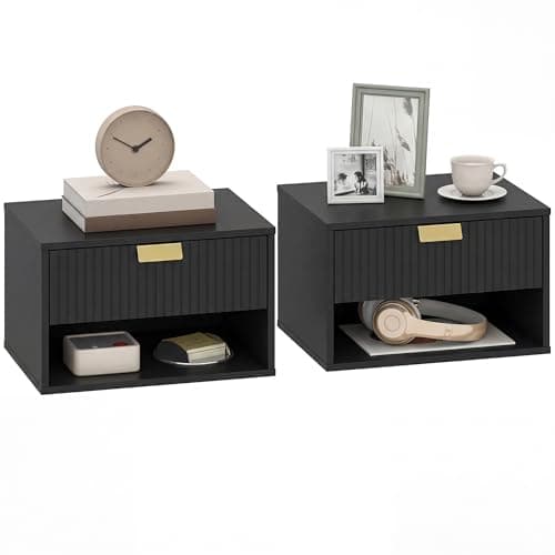 Image of HOMCOM Modern Floating Nightstands Set of 2, Wall Mounted Bedside Tables with Fluted Drawer for Bedroom and Living Room, 40W x 30D x 25H cm, Black