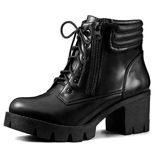 Image of Allegra K Women's Round Toe Chunky Heel Lace Up Zipper Combat Boots Black 6 UK/Label Size 8.5 US