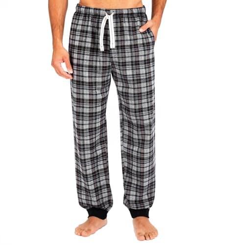 Image of Style It Up Men’s Fleece Lounge Pants Pyjama Bottoms – Soft Warm Tartan Check & Plain PJ Pants, Cuffed Hem, Adjustable Drawstring Waist, Pockets, Nightwear & Loungewear (BLACK-CHECK, S)