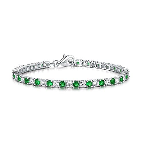 Image of Diamond Treats Green Emerald Tennis Bracelet for Women and Girls, solid 925 Sterling Silver with 3mm Sparkling Cubic Zirconia Stones, 7.5-8.5 inch Ladies Eternity Bracelet, Green Bracelets for Womens