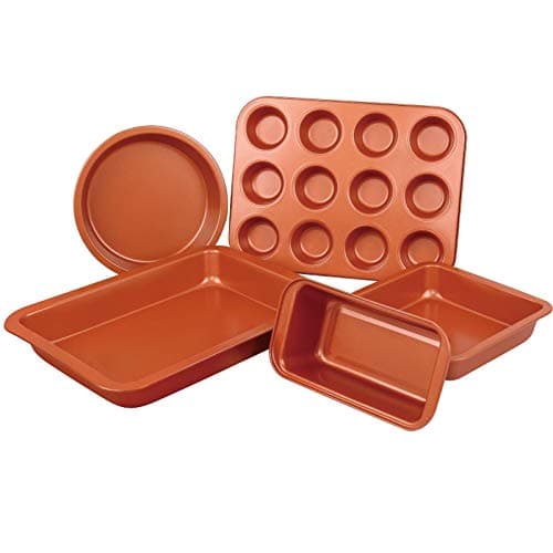 Image of Gr8 Home Copper Non Stick Ceramic 5 Piece Cake Baking Tin Roasting Oven Biscuit Muffin Tray Cooking Baking Pan Set Ovenware Cookware Bakeware