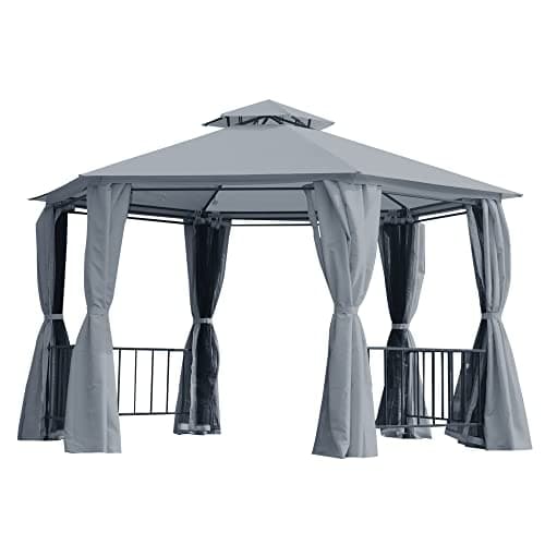 Image of Outsunny 3 x 3(m) Hexagon Gazebo Patio Canopy Party Tent Outdoor Garden Shelter w/ 2 Tier Roof & Side Panel - Grey