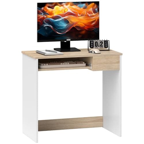 Image of HOMCOM 80cm Compact Computer Desk with Keyboard Tray, Home Office Desk with Drawer for Bedroom Study, Oak