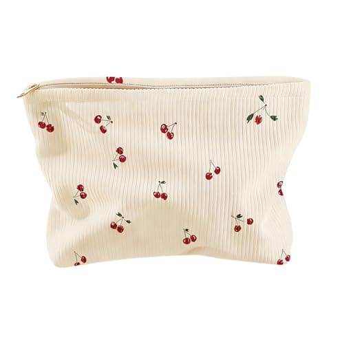 Image of Cute Cherry Makeup Bag for Women, Small Canvas Cosmetic Bag with Zipper, Compact Toiletry Pouch for Travel, Purse Organizer, Aesthetic Present for Girls