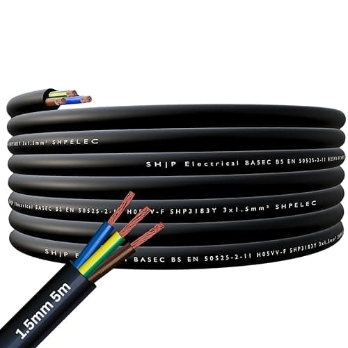 Image of SHPELEC® FLEXIBLE Black Cable 3183Y 0.75mm, 1.0mm, 1.5mm, 2.5mm BASEC Approved Black PVC LED Lighting 5m 10m 15m 20m 50m (1.5mm 3 Core - 5metres)