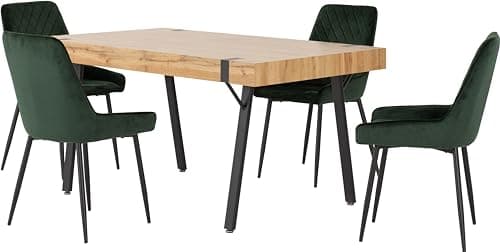 Image of Seconique Treviso Dining Table Set with 4 Avery Dining Chairs in Light Oak Effect/Emerald Green Velvet