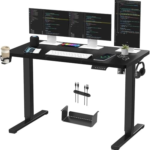 Image of SANODESK QS1+140 * 60 Electric Standing Desk Height Adjustable Standing Desk With Memory Smart Panel Sit Stand Table With Hooks and Cupholder for Home Office (Black Frame+ Black Desktop)