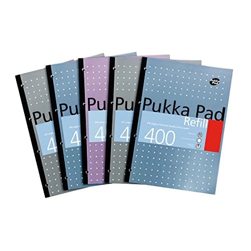 Image of Pukka Pad A4 Refill Notepad – 5 Pack of Notebooks with 400 Pages of 80GSM Paper, 4-Hole Punch Margins, and Feint Ruled Lines – 29.7 x 21cm,Blue,White,Pink,Silver