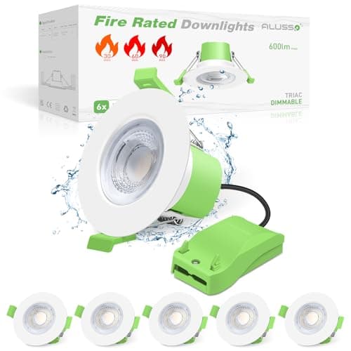Image of ALUSSO Fire Rated LED Downlights 6W 600lm, 3CCT Colors Selectable 3000K/4000K/6500K Warm Cool White Daylight Recessed Ceiling Lights Dimmable, Spotlights IP65 Waterproof for Bathroom, White 6 Pack