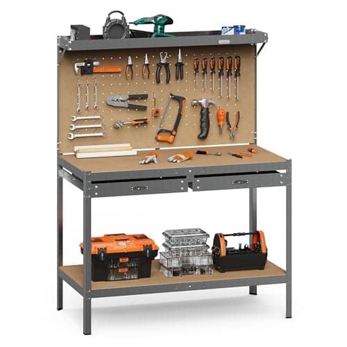 Image of VonHaus Garage Work Bench with Pegboard - Metal and Wooden Workbenches - Suitable for Most Garage Equipment - Workbench Containing - Storage Drawer, Shelf and 20 Hooks - 230kg Capacity
