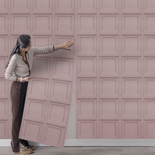 Image of Anttyscar Pink Panel Wallpaper 3D Effect Textured Wood Panel Wallpaper Square Panelled Wallcovering for Living Room Bedroom Feature Wall